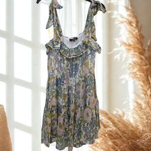 🌼 Aakaa Floral Ruffle Mini Dress – Green & Blue Boho Spring Style